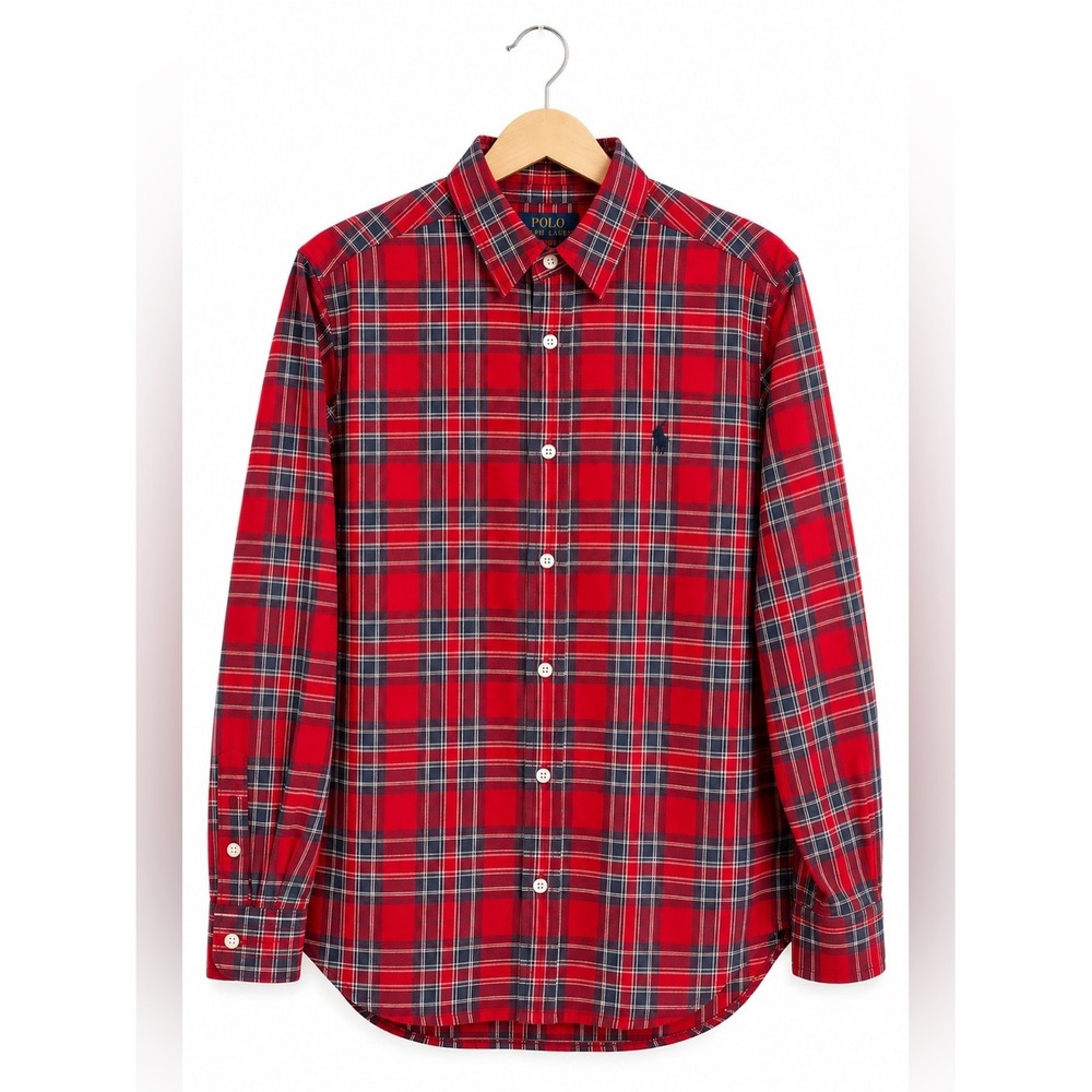 Polo Ralph Lauren Boys Shirt Sz 7 Oxford Red‎ Blue Plaid Long Sleeve Button Up